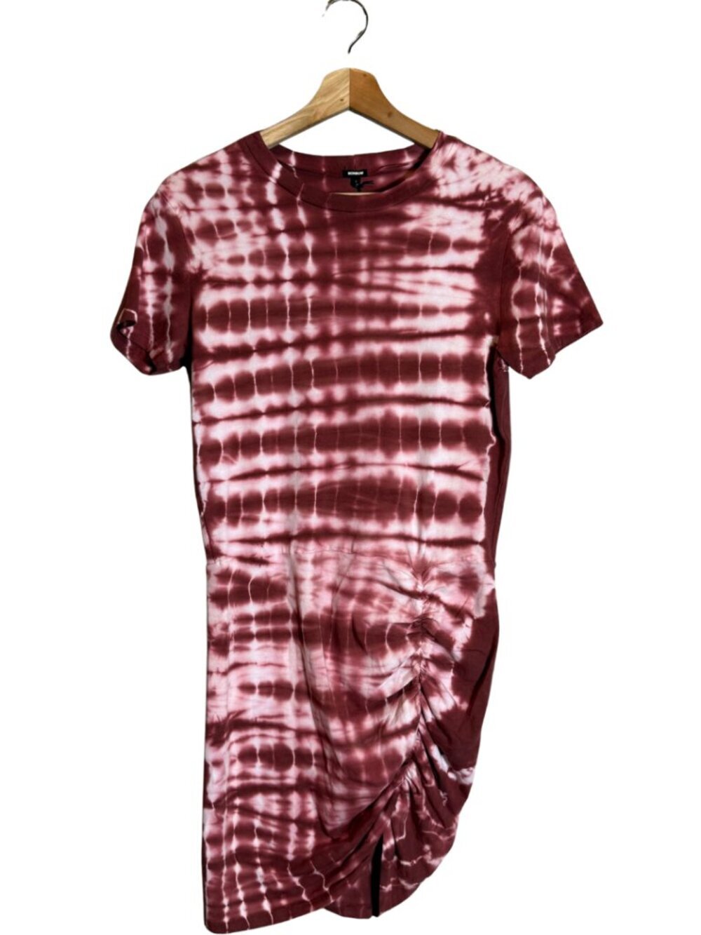 Monrow Revolve Tie Dye Ruched Mini T-Shirt Dress Women's Small Red Boho Chic NWT